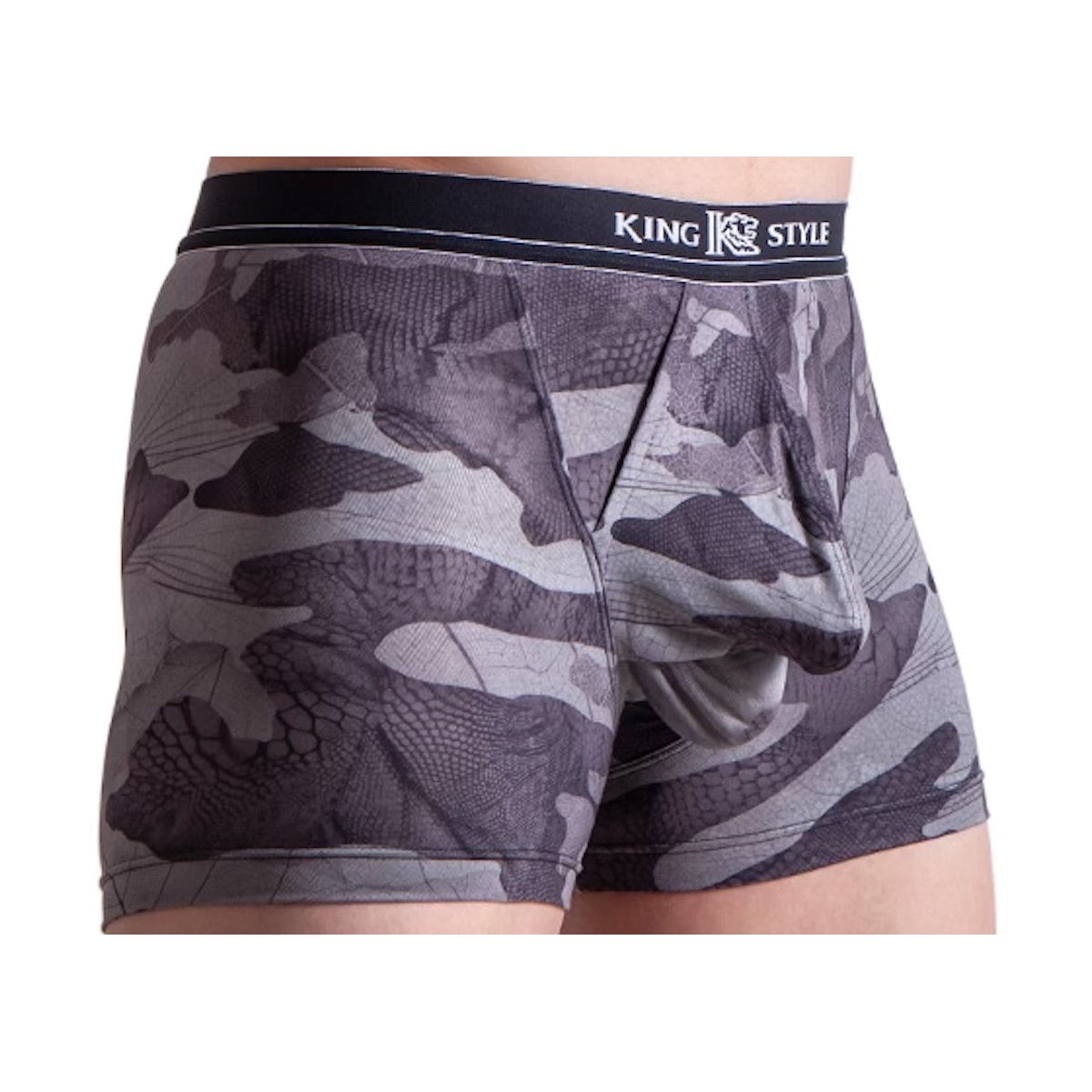 Grey city camouflage boxer briefs with a black King Style waistband